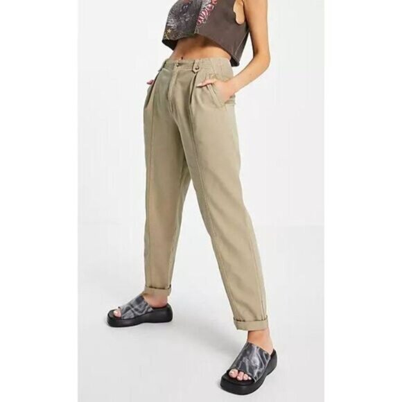 Topshop Womens Khaki Pleated Tapered Trousers Size 2 - Picture 1 of 12